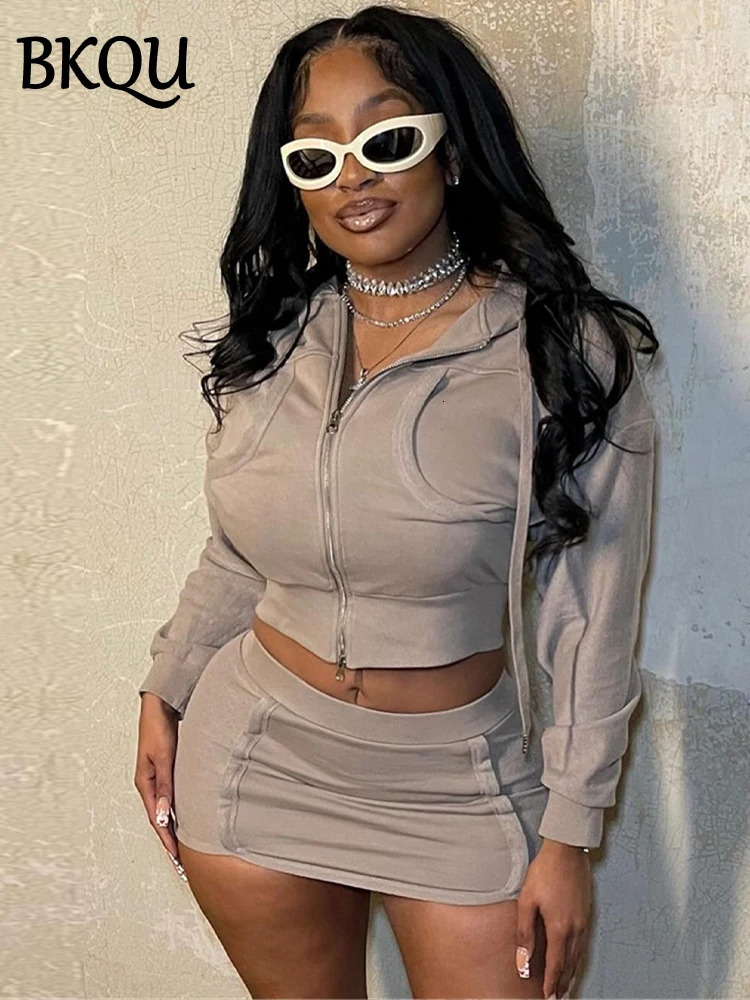 BKQU Casual Hoodie 2 Piece Women Skirt Sets Autumn Fashion Crop Zipper Jacket And Hip Wrap Mini Skirt Matching Tracksuit Outfits 250303