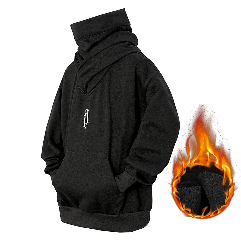 Embroidery Turtleneck Sweatshirt For Men Japanese Ninja Hoodies Autumn Hip Hop Fleece Pocket Streetwear Oversized Y2K Hoody 250304