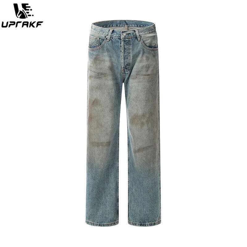 UPRAKF Straight-Leg Pocket Wide Leg Jeans Distressed Pants Casual Denim Autumn Fashion Basic High Street