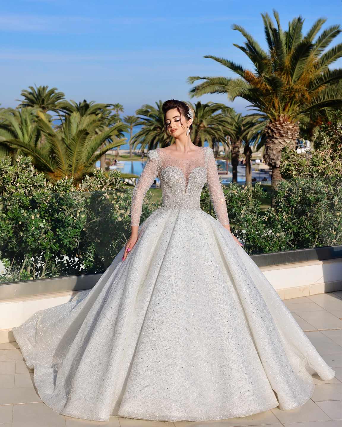 Graceful Wedding Dresses Ball Gown Lace Crystal Appliques Beading with Bling Sequins Floor-Length Court Gown Customized Bridal Gowns Vestidos De Novia