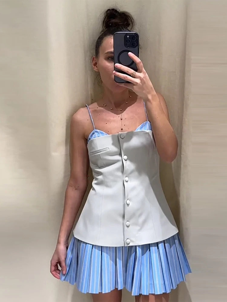 Fashion Contrast Color Patchwork Pleated Short Dress Women Elegant High Waist A-line Evening Party Dress Holiday Lady Vestidos 250303