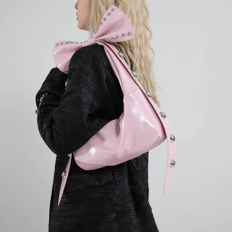 LEFTSIDE Bow Cute Rivets Small PU Leather Shoulder Bags for Women Y2K Fashion Underarm Bag Female Handbags 250228