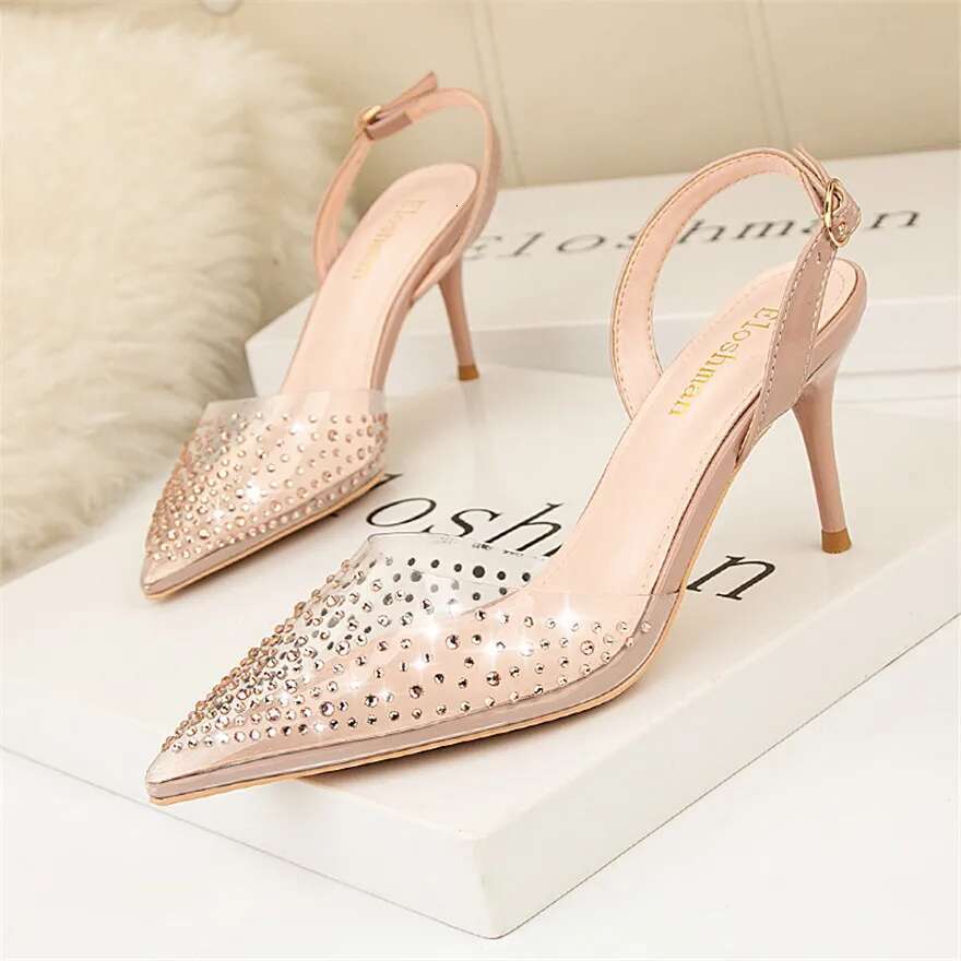 Rhie Fashion Transparent Sandals For Women Black Buckle High Heel Shoes Pointed Toe Crystal Shallow Ladies Dress Pumps
