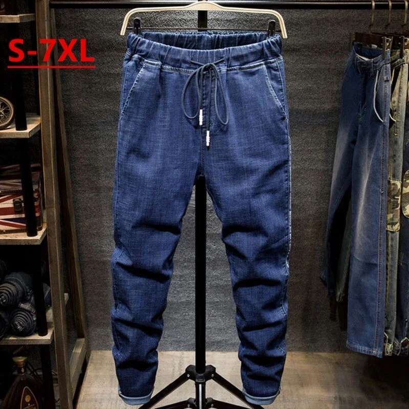 Plus Size S-7Xl Men Jogger Jeans Casual Fashion Stretch Elastic Loose Slim Denim Pants Streetwear Hip Hop Drawstring