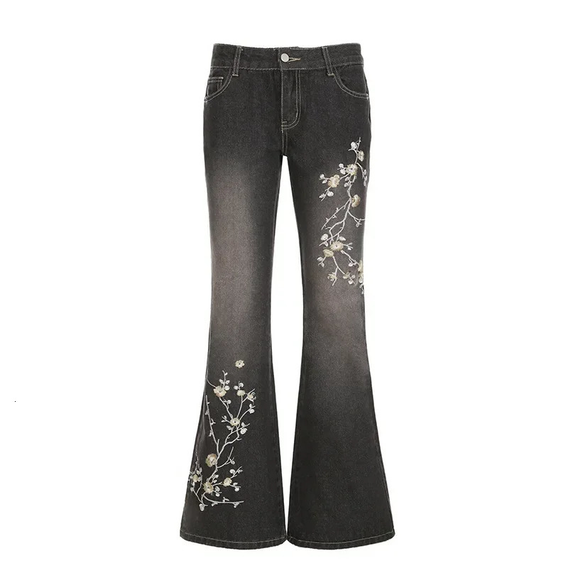 Floral Embroidery Jeans Vintage 2000s Low Rise Flared Jeans Women Retro y2k Baggy Denim Pants High Street Basic Trousers 250228