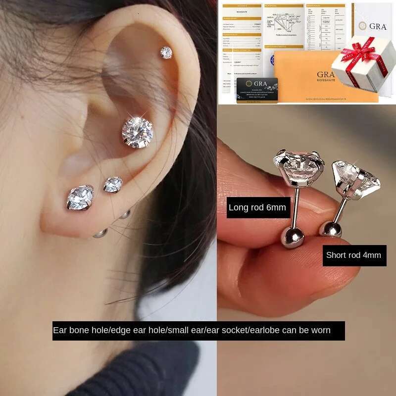 Stainless Steel Moissanite Korean Earrings for Women Crystal Screw Titanium Ear Studs Anti Allergic Body Jewelry Bone Nail