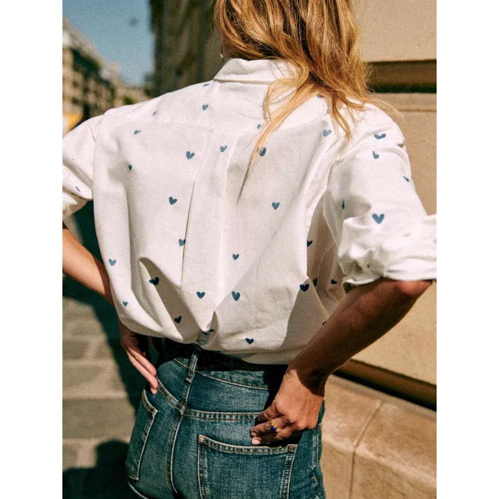 Blue Heart Shape Embroidered Women White Shirt Turn-Down Collar Ladies Long Sleeve Elegant Blouse And Top