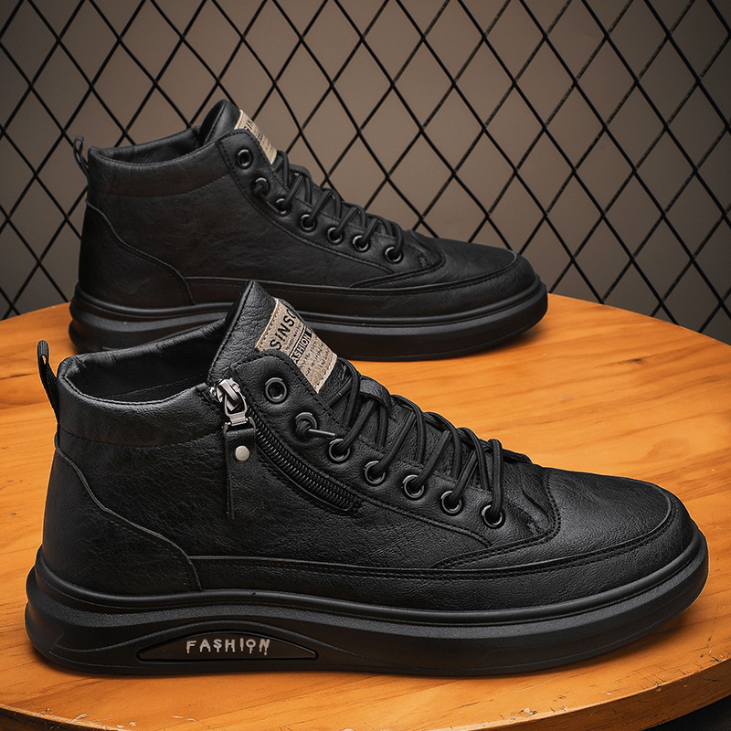 High Quality Light Luxury British Style New Casual Leather Men's Designer Black Mid Top Board Shoes Spring Waterproof Martin Boots Trendy Men