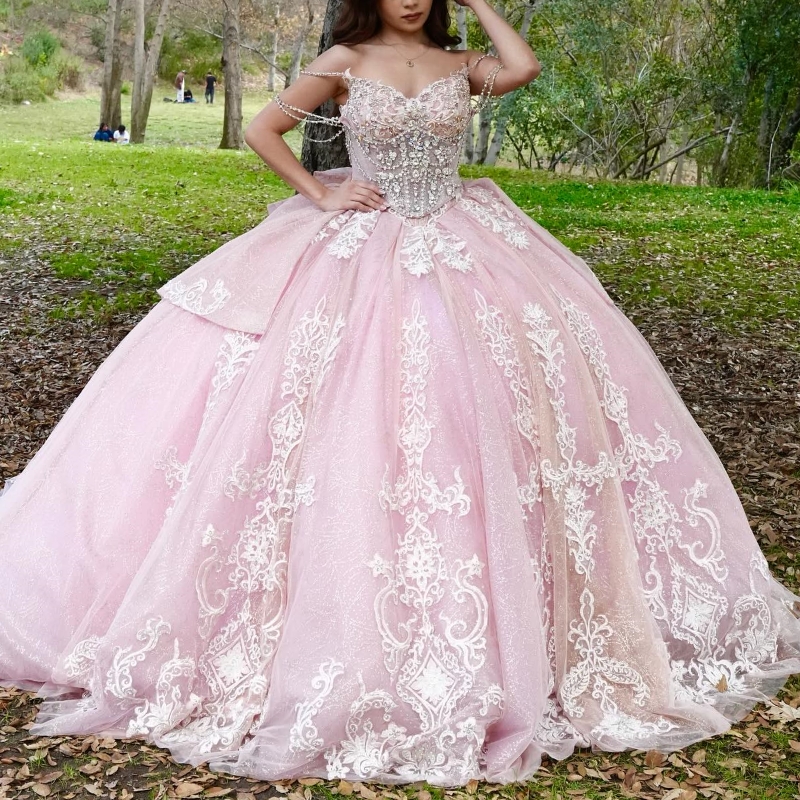 Pink Shiny Quinceanera Dresses Ball Gown Off The Shoulder Applique Lace Beading Crystal Bow Tull Party Birthday Sweet 16 Vestidos 15 De Anos