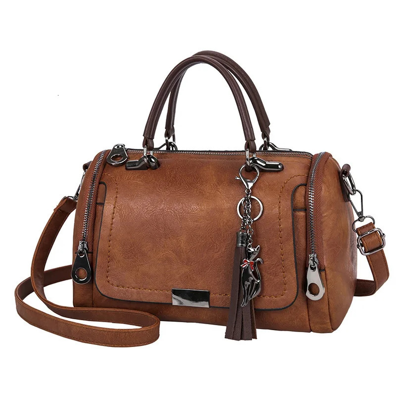 Tassel Decor Womens Large Capacity Shoulder Bag Fashion Zipper Crossbody With Removable Strap Boston Handbag w250303