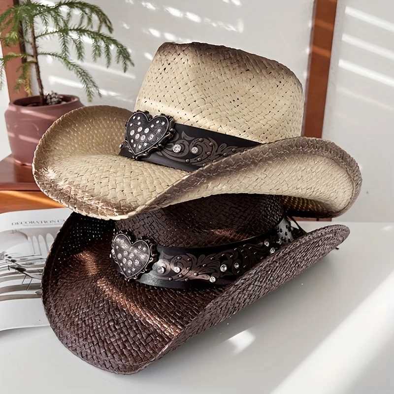 Diamond Belt Grass Knitted Knight Hat for Women Summer Outdoor Mountaineering Sunshade Sun Hat Western Cowboy Sunscreen Str HaXJ250304
