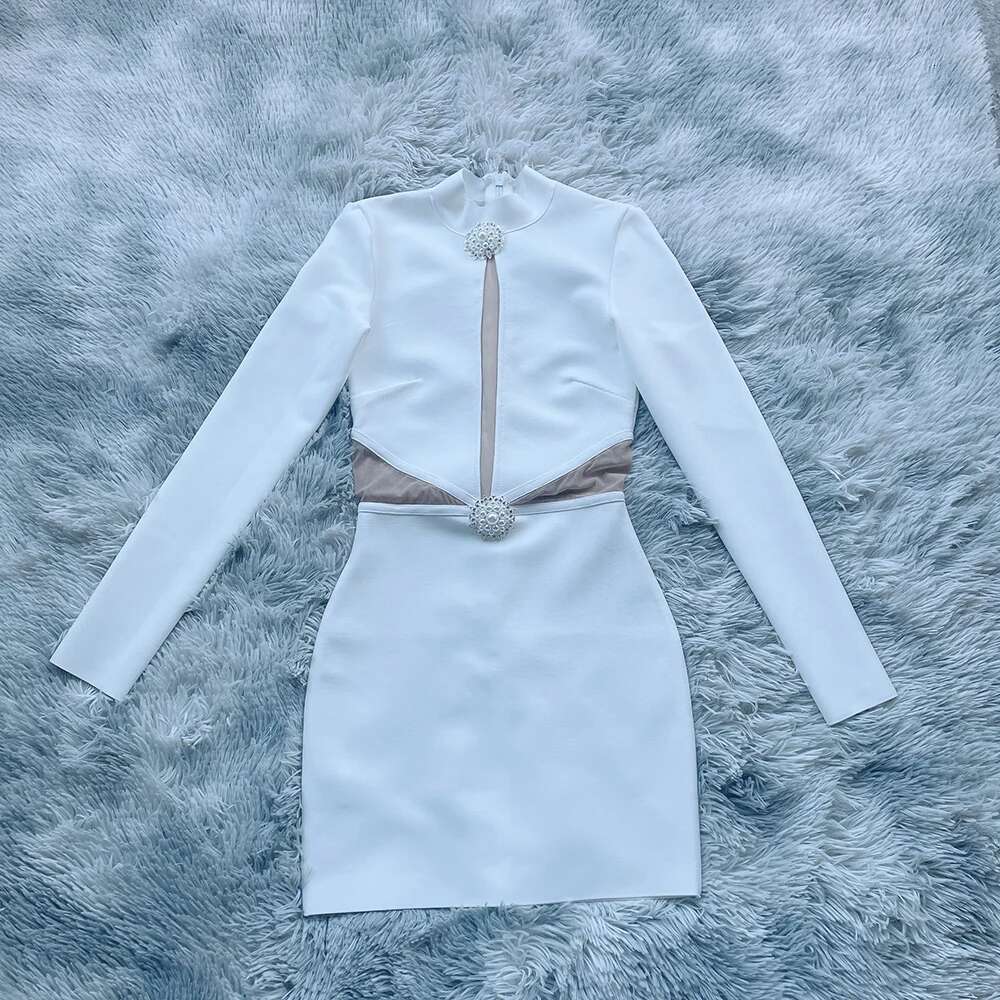 2022 Spring And Autumn New Fashion Women's Clothes Long Sleeve Chest Hollow Design Pearl Button Sexy Mini Tight Bandage Dress