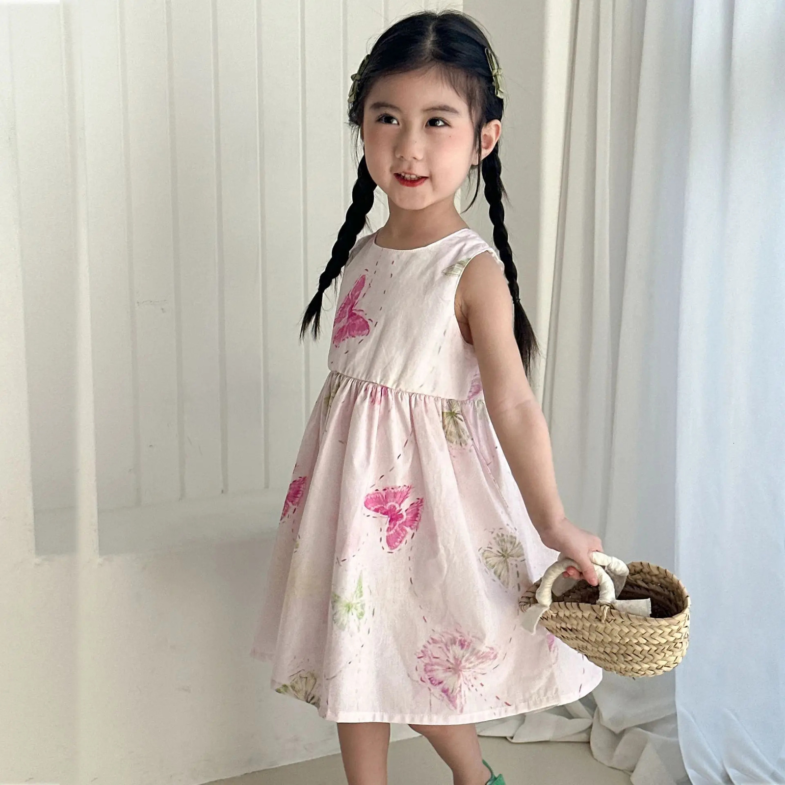 UNITIM Summer Kids Girls Dress Printed Butterfly Children Vest Cotton Thin Sleeveless Princess 250303