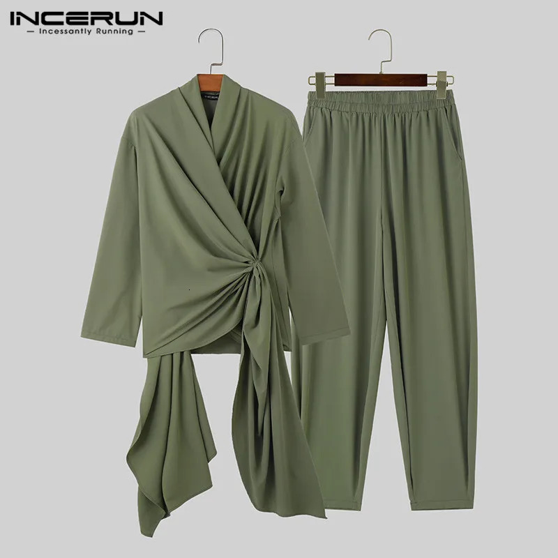 INCERUN Men Irregular Sets Solid V Neck Long Sleeve Lace Up Shirt Pants Two Pieces Sets Streetwear Men Casual Suits S-5XL 250303