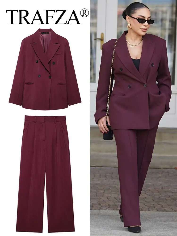 TRAFZA Women Vintage Wine Red Blazer Pant Suits Double Breasted Long Sleeve Coat Zipper Fly Straight Trousers Lady Office Sets