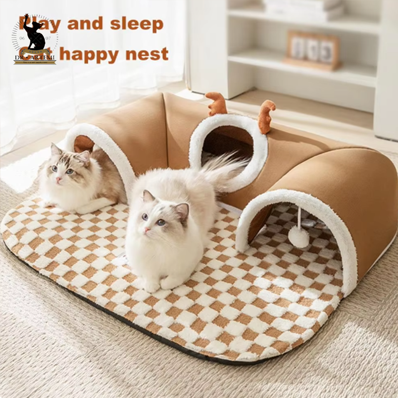 Pet Cat Tunnel Bed House with Peekaboo Plush Ballet Toy Indoor Kitten Tube Accent for Multiple Small Cats for Rabbit