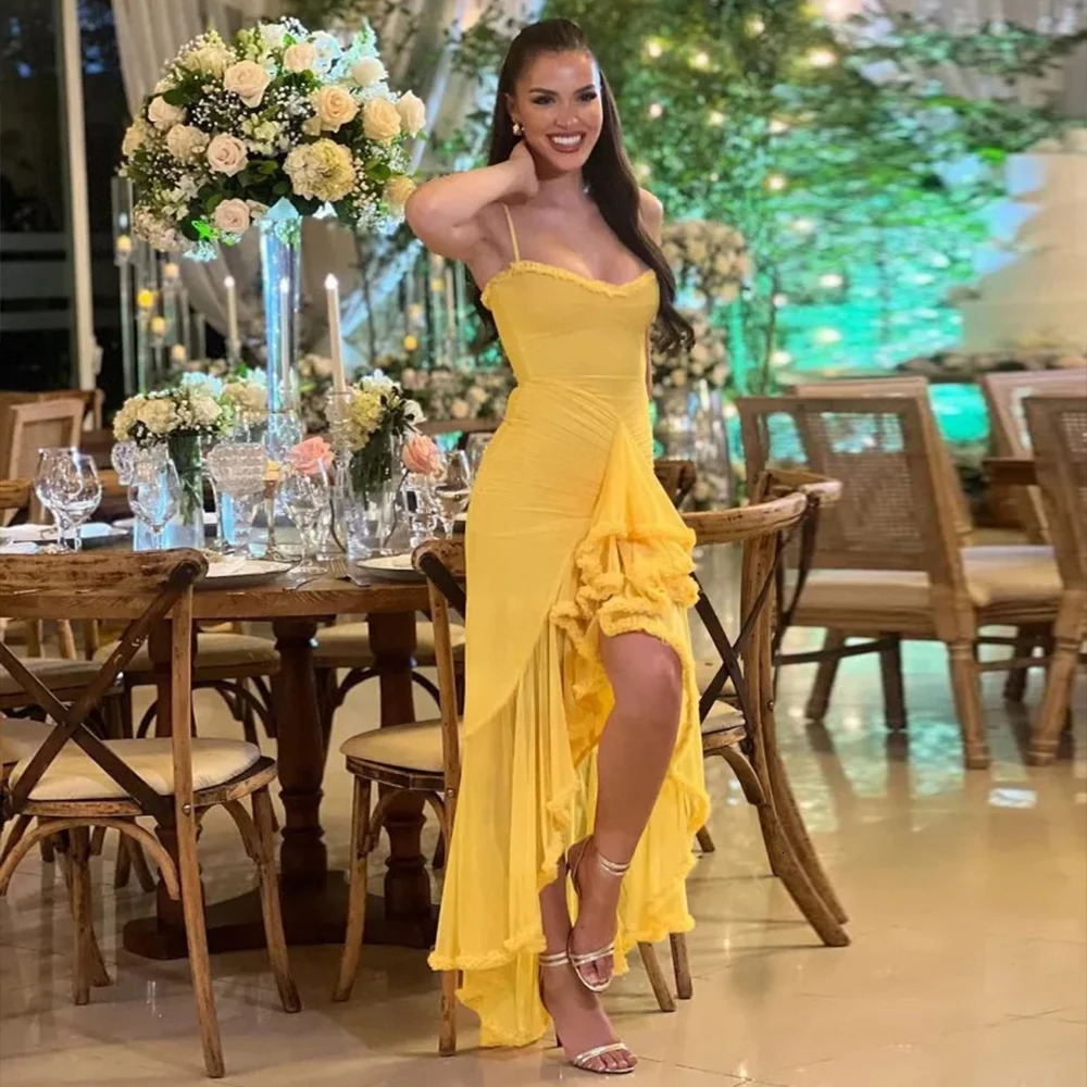 Mingmingxi Summer Birthday Party Dresses Irregular Ruffle Elegant Mesh Dress Yellow Long Dresses for Women 250303