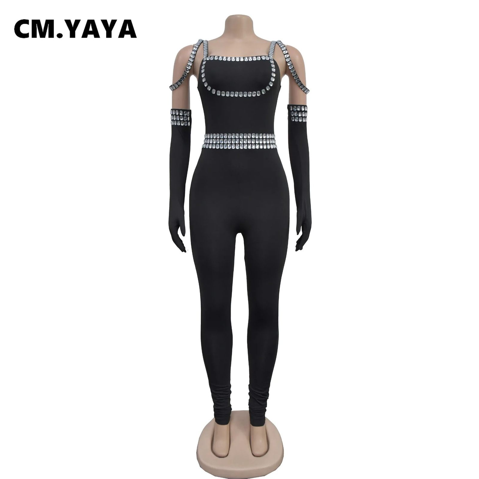 CM.YAYA Women Diamonds Rhinestones Sexy Strap Long Sleeve Jumpsuits Streetwear Club One Piece Overall Rompers with Gloves 250303