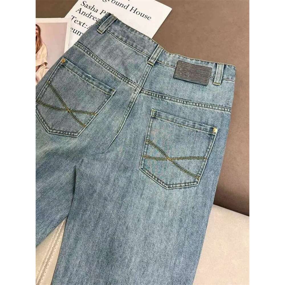 Women Beading Chain Jeans High Waist Vintage Zipper Fly Pockets Female Denim Long Pants