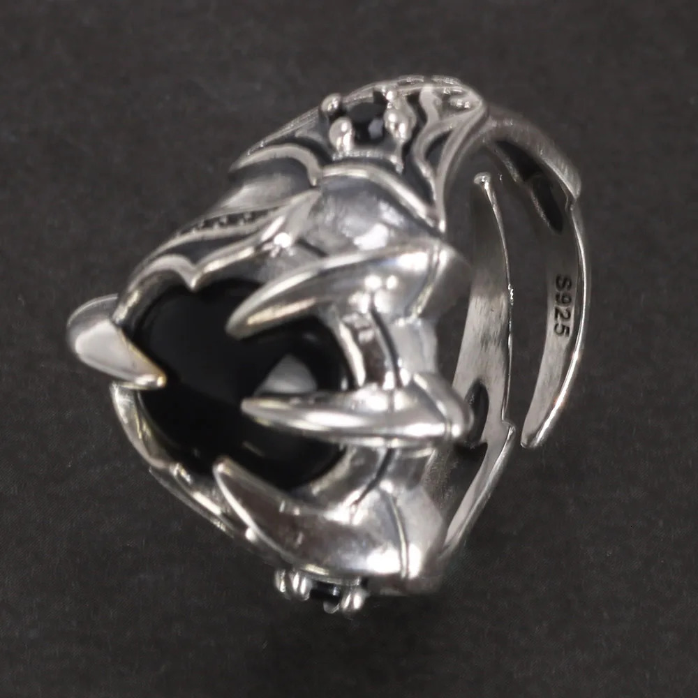 Real Pure 925 Silver Ring Cool Antique Paw Ring Mens Natural Stone Oval Black Agate Retro Hip Hop Adjustable Jewelry 250227