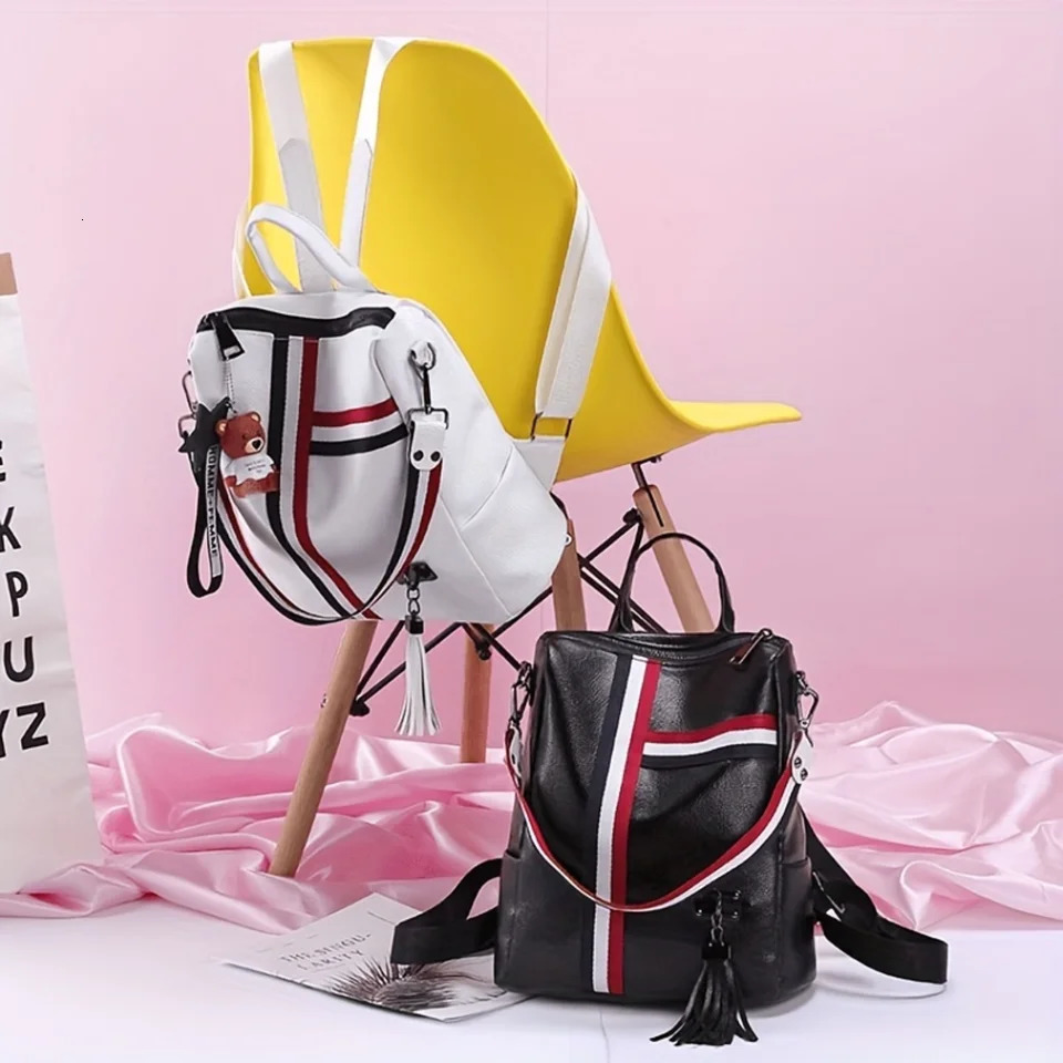 Ship from US Large Capacity Casual Backpack Detachable Strap Zipper With Pendant Shoulder Bag Striped Print 250304FBB