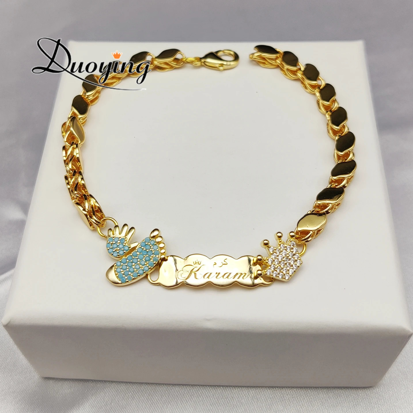 DUOYING Custom Baby Name Footprint Bracelet Personalized Crown Zircon Nameplate Bracelets Engraved Cute Name Bar with Birthstone 250304