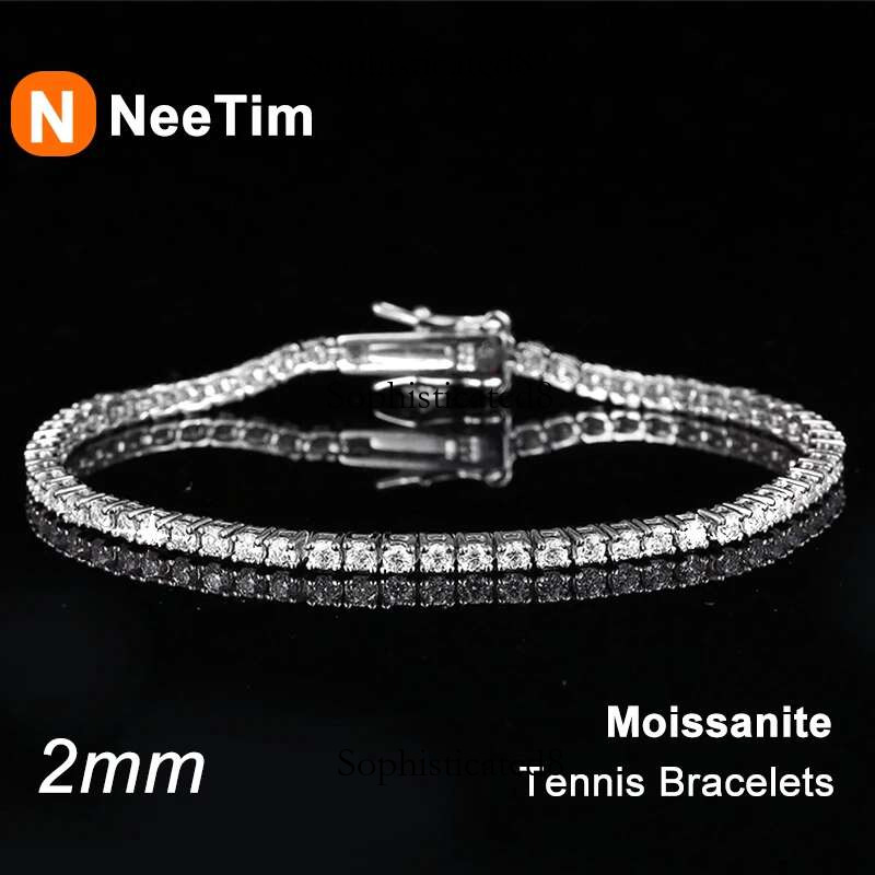 NeeTim 2mm D Color Moissanite Tennis Bracelet Sterg Sier with White Gold Plated Bracelets for Women Pass Dia Tester
