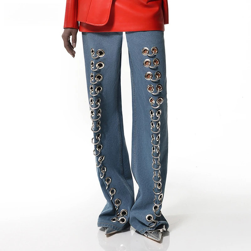 Fashion Metal Hole Jeans For Women Hollow Out Straight Loose Casual Denim Pants Spring New Items 19F2031