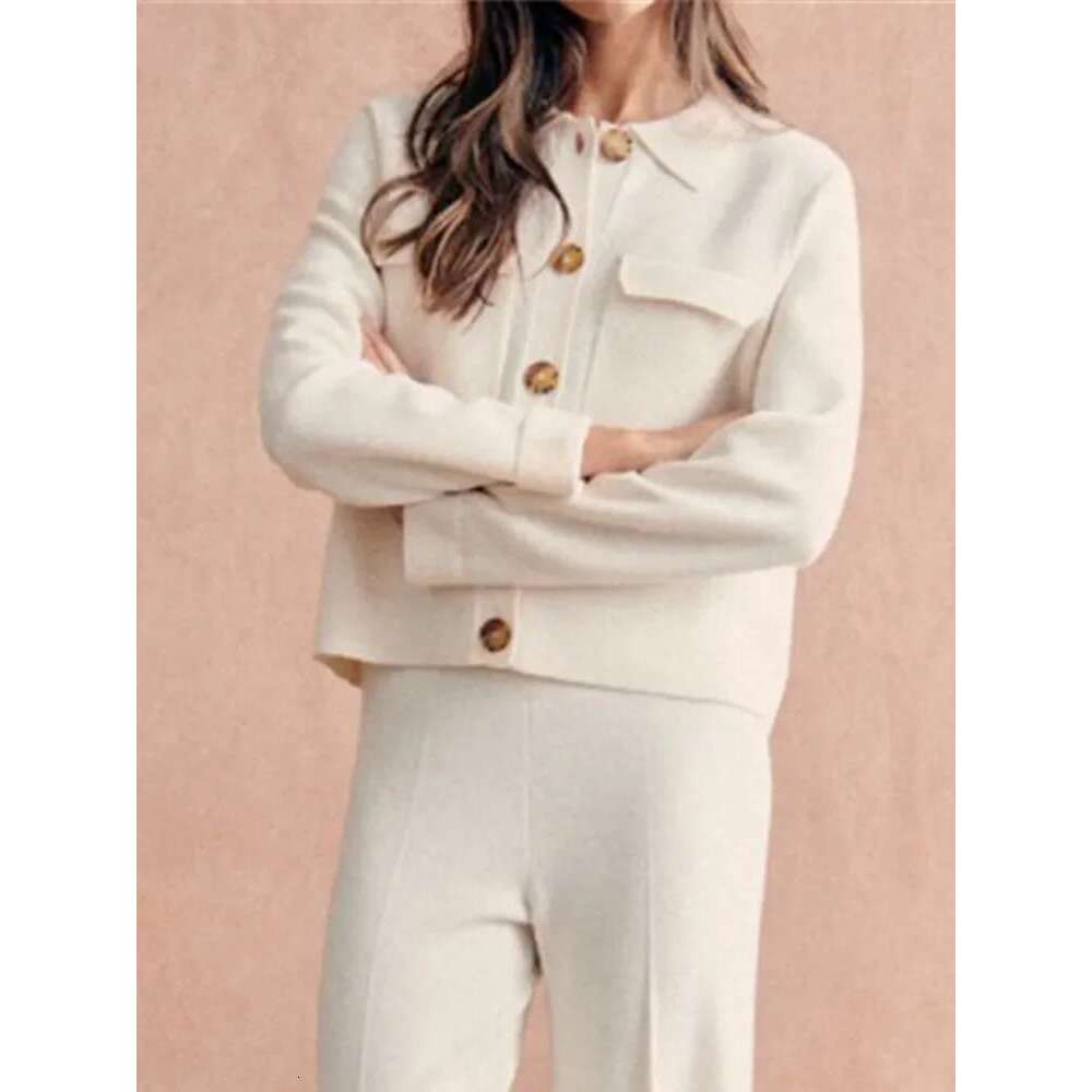 Women's Clothing Turn-Down Collar Knit Jacket Early Spring Lady Slim Single Breasted Temperament Multi-Pocket Sweater Coat Top