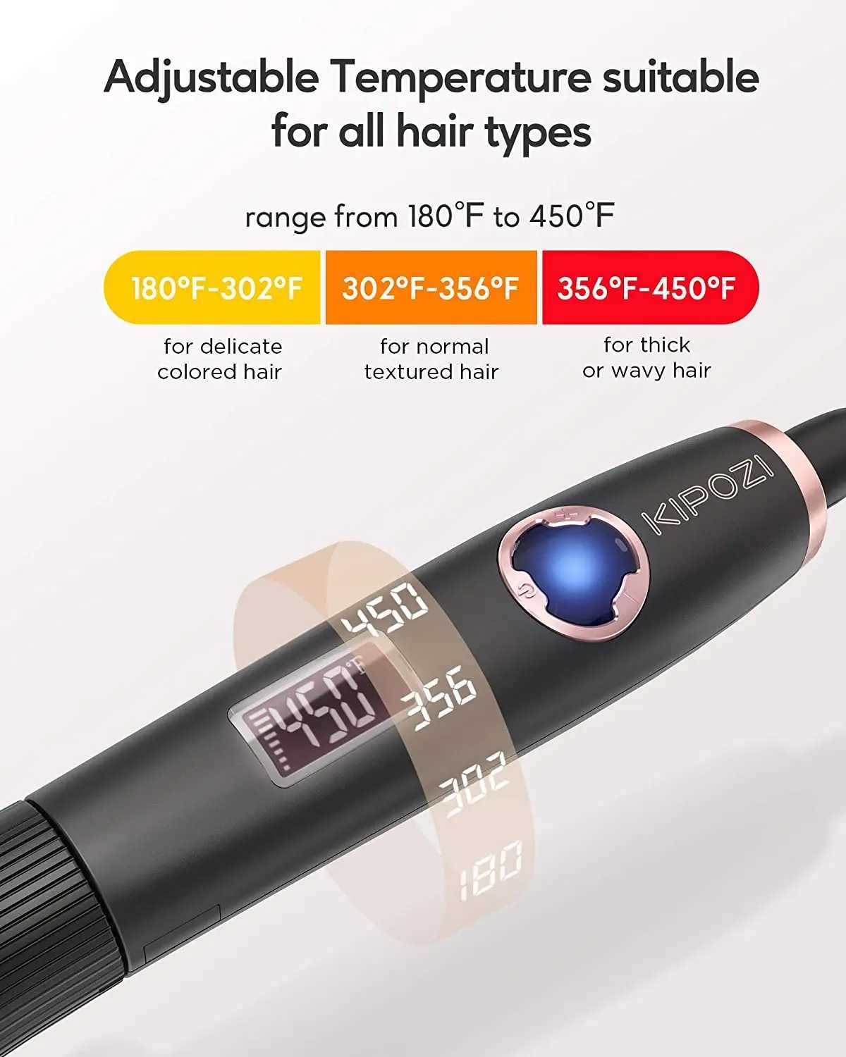 Curling Irons KIPOZI Curling Iron with Adjustable Temperature Ceramic Hair Curler LCD 1.2 Inch with Anti-Scalding Insulated TipDual Voltage z250304