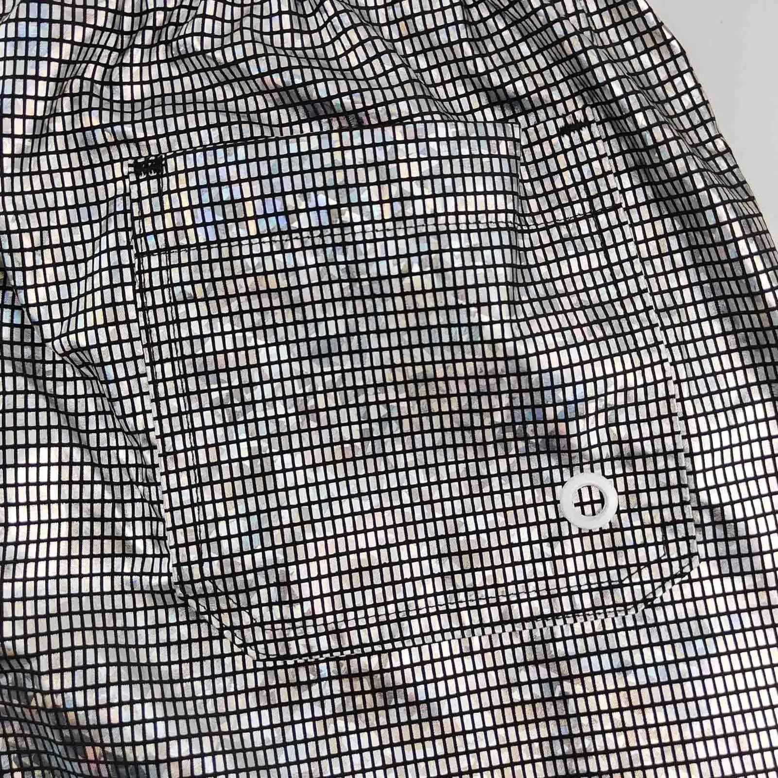 Metallic Print Beach Shorts Shiny Drawstring Mens Clothing with Elastic Waistband Quick Dry Mens Sequin Gym Pants for RunningT250304