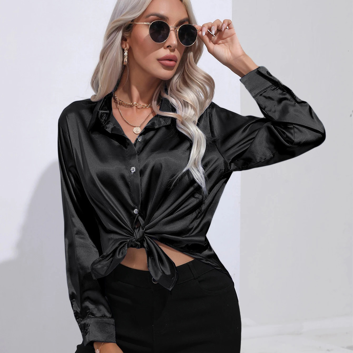 Autumn Casual Womens Blouses Elegant Satin Multicolor Basic Slim Shirt Solid Vintage Trend Ball Dance Party Shirt All-Match Top 250303
