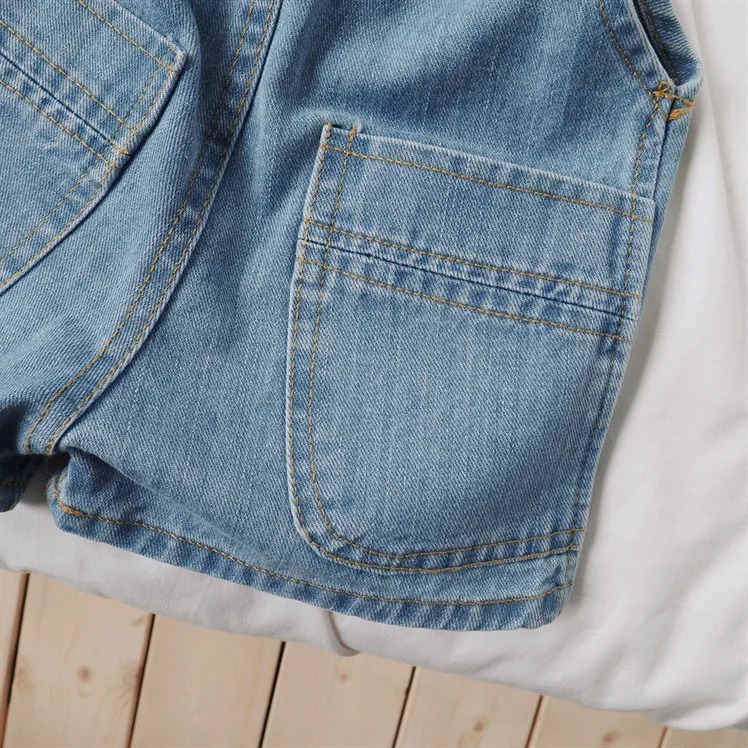 Summer Spring Korea Children Boys Pants Denim Stretch Kids Suspenders Short Jeans Pocket Casual Strap 250303