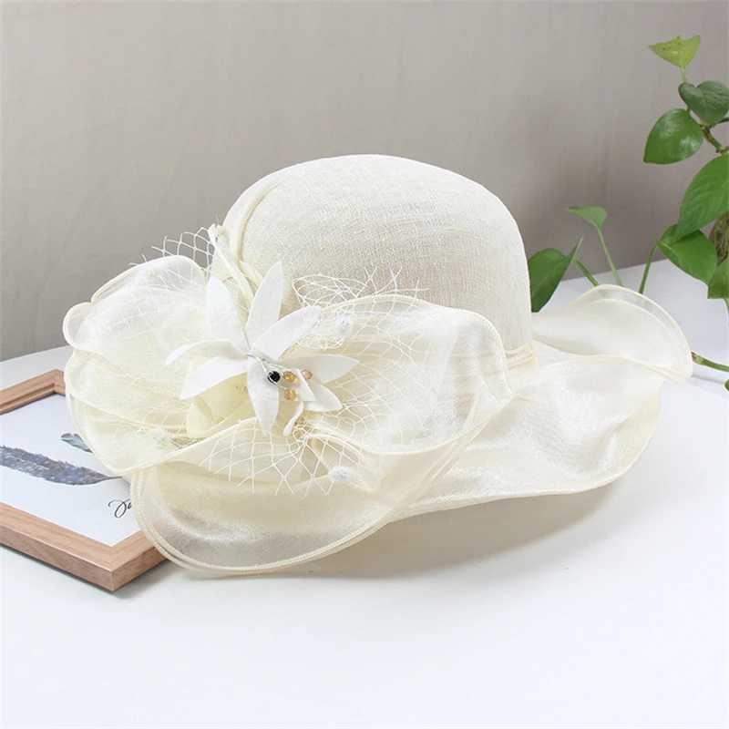 Elegant Big Brim Sinamay Chiffon Organza Flower Lace Sun Hat La Wedding Party Kentucky Dey Church Bucket HatXJ250304