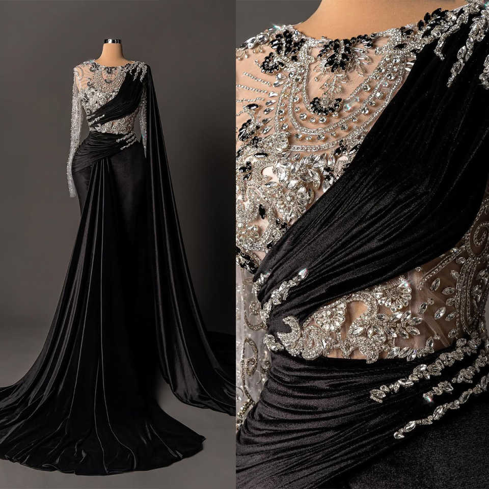 Classic Evening Dresses For Women O Neck Long Sleeves Gown Crystal Sweep Train Party Customized Dress
