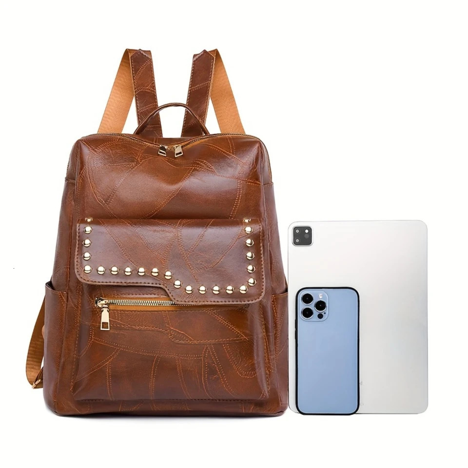 Ship from US Retro Studded Backpack Casual Vegan Leather Knapsack Portable Computer Daypack Schoolbag Travel Work Rucksack 250304FBB