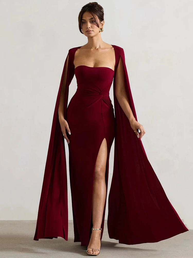 Long Sleeve Black Evening Gown: Women's Solid Square Collar Split Maxi Dress - Elegant & Sexy C260312
