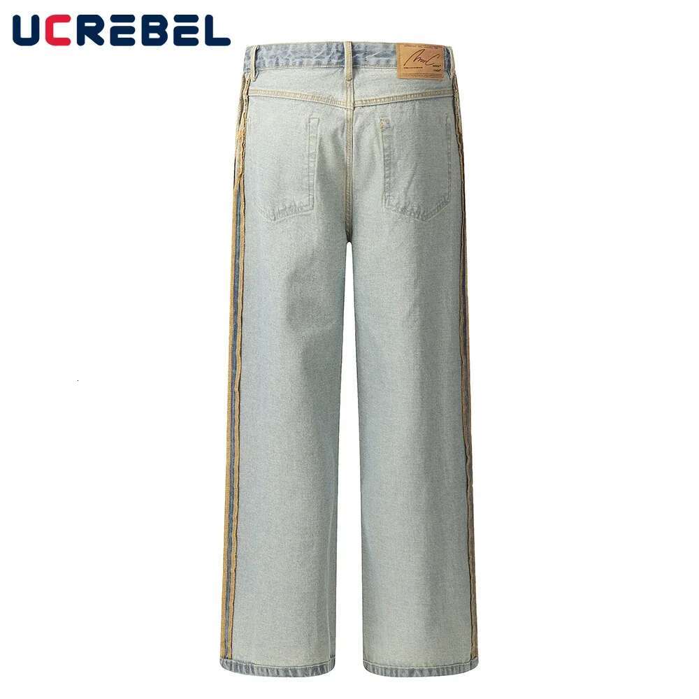 Side Stripe Washed Distressed Jeans Mens Spliced High Street Loose Straight Wide Leg Denim Pants Men Trousers