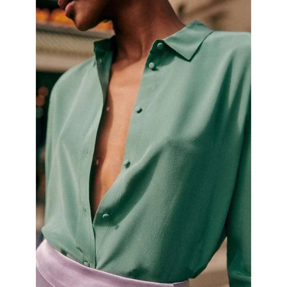 Spring Summer Women Single Breasted Silk Shirt Top Turn-Down Collar Female Casual Long Sleeve Blouse Tops