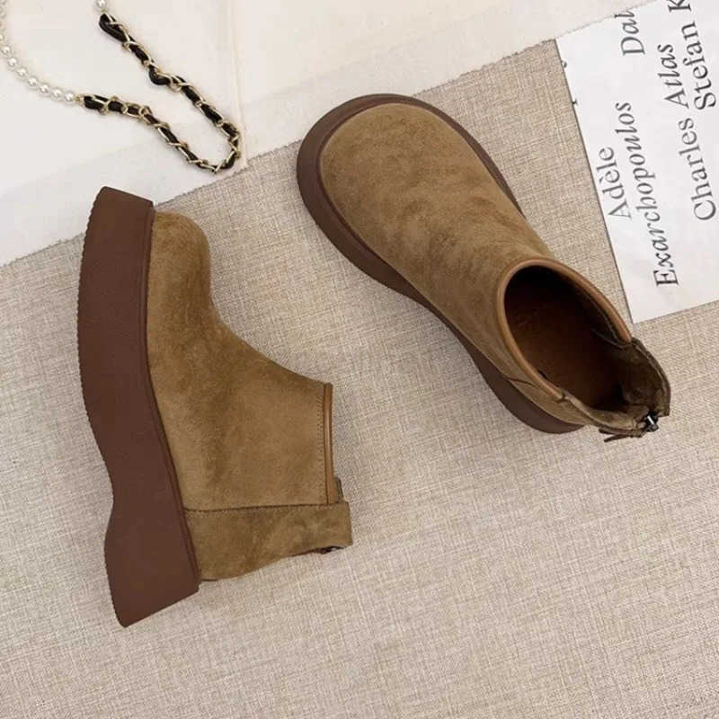 Wens Thick Soled Cotton Shoes Winter New Round Suede Back Zipper Anti-slip Wear-resistant Short Boots Z250304