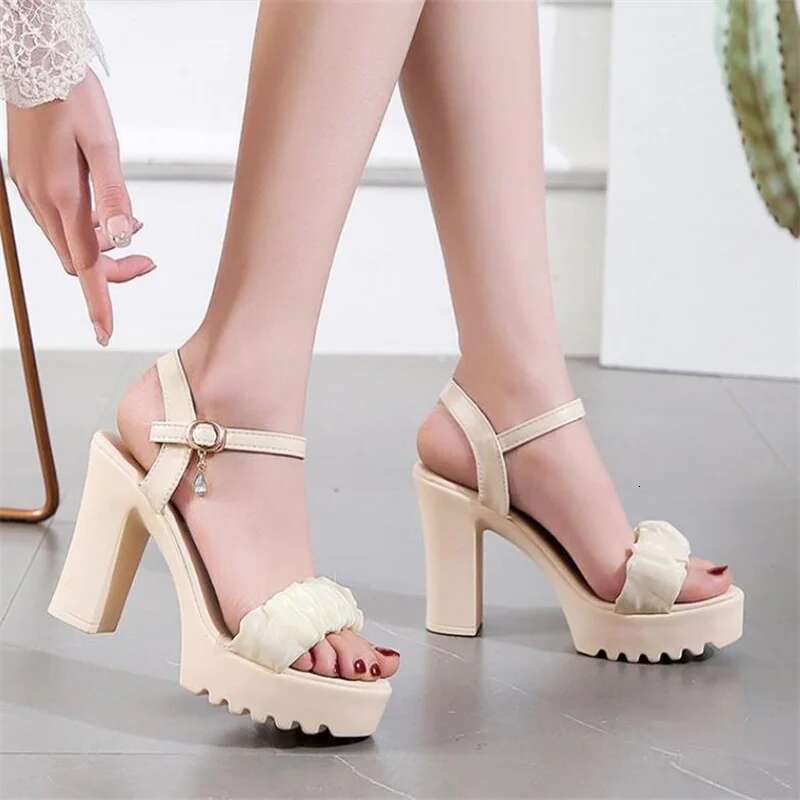 Sandals for Women Summer One Word Block Heel Ladies Shoes Wedge with Platform Waterproof Footwear Chunky Super-high Beige