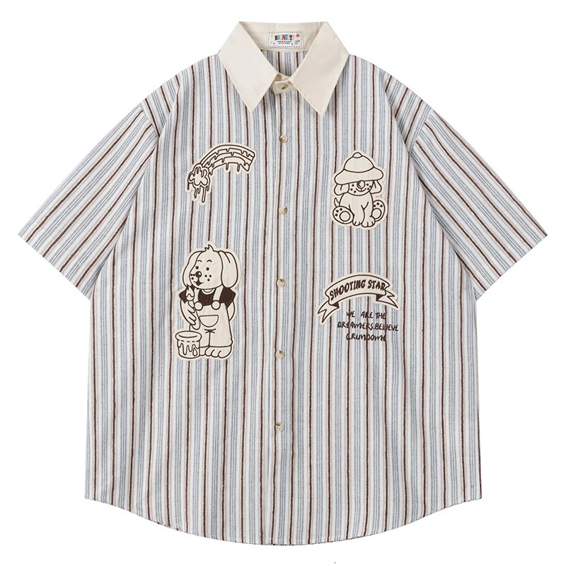 Summer Mens Short Sleeve Shirts Hip Hop Vintage Striped Cartoon Patch Blouses Harajuku Streetwear Casual Fashion Loose Shirts 250227