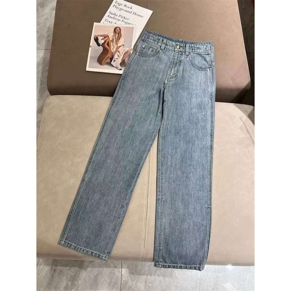 Women Beading Chain Jeans High Waist Vintage Zipper Fly Pockets Female Denim Long Pants