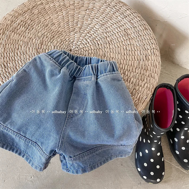 Kid Costume Summer Boy Girl Baby Pockets Solid Retro Mid Jeans Children Cotton Casual Wide Leg Short Pants Infant Trousers 250303