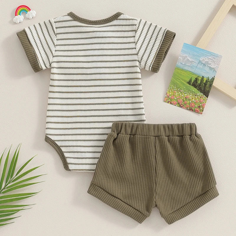 2Pcs born Baby Boy Summer Outfits Round Neck Short Sleeve Striped Button Romper Elastic Waist Shorts Waffle Knit Set 250304
