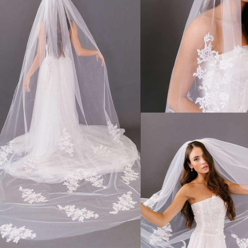 Graceful 3Meters White Ivory Wedding Veils with Appliques Long Lace Edge Bridal Head Veil with Comb For Marriage Bride Women's Accessories Custom