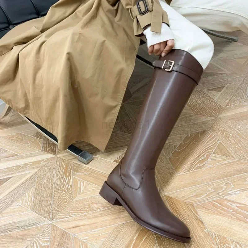 Black Elegant with Low H Shoes for Wan Long Brown Wens Boots Winter Knee High Shaft Stylish Last Pr Goth Z250304