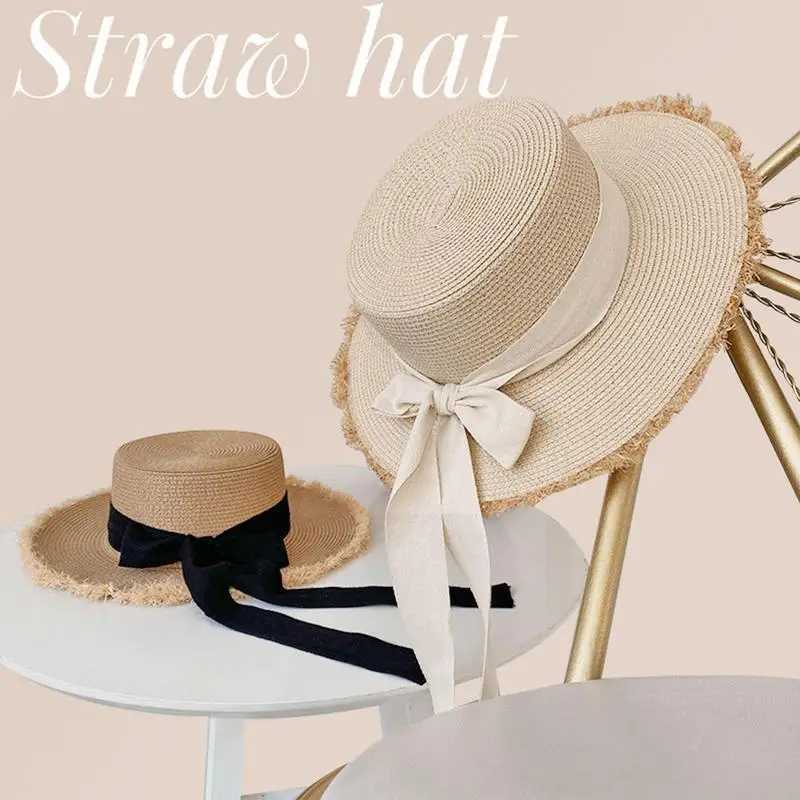 Str Beach Hat Womens Wide Stripe Bow Str Panama Hat Fashion Summer Beach Sun Hat Bow Breathable Str HatXJ250304