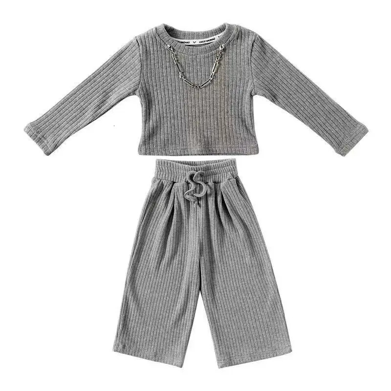 Baby Fashion Set Children Round Neck Long-Sleeved Top Solid Color Pant Suit Spring Autumn Thin Girls Casual Sports 2Pcs 2-8Y 250304