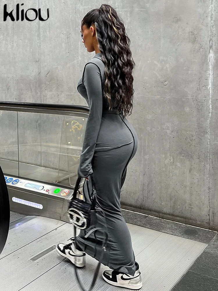 kliou Casual Hooded Maxi Dress Women Classic Striped Patchwork Long Sleeve Back Split Straight Robe Lady Simple Fashion Bodycon 250303 C260312